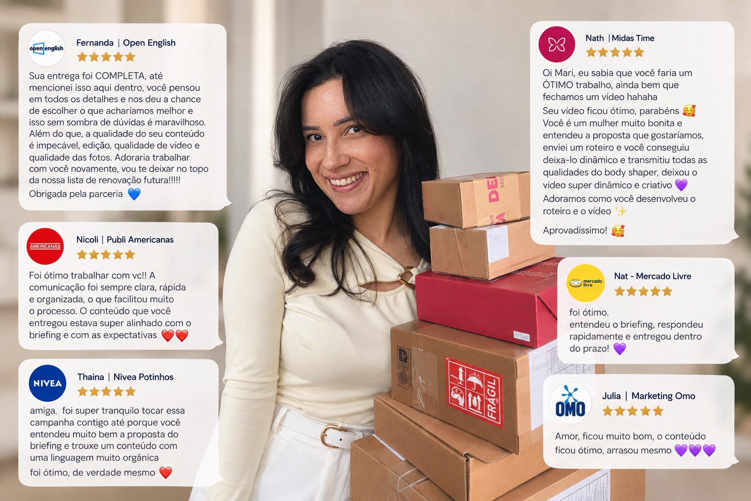 Mari Bonetto sorrindo ao lado de caixas de produtos, cercada por seis feedbacks de marcas com cinco estrelas: Fernanda da Open English, Nicoli da Publi Americanas, Thaina da Nivea Potinhos, Nath da Midas Time, Nat do Mercado Livre e Julia do Marketing Omo